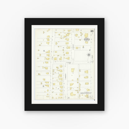 Old map wall art mockup — black gallery frame with white mat — Sanborn Fire Insurance Map from Sherman, Grayson County, Texas (1908), Sheet #0026
