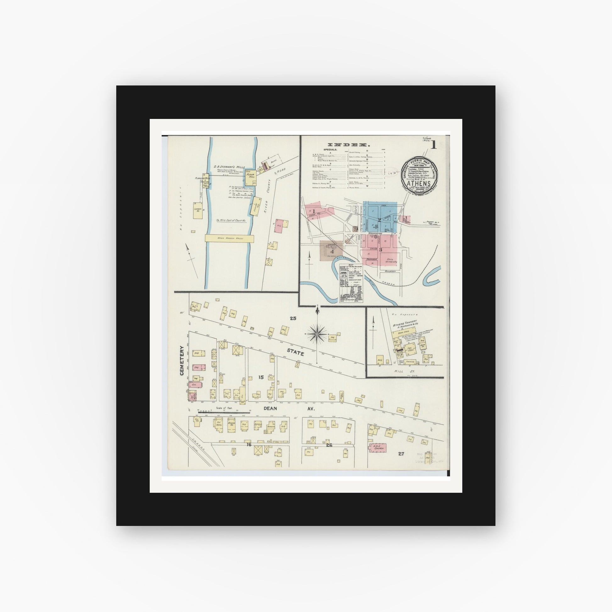 Old map wall art mockup — black gallery frame with white mat — Sanborn Fire Insurance Map from Athens, Athens County, Ohio (1890), Sheet #0001