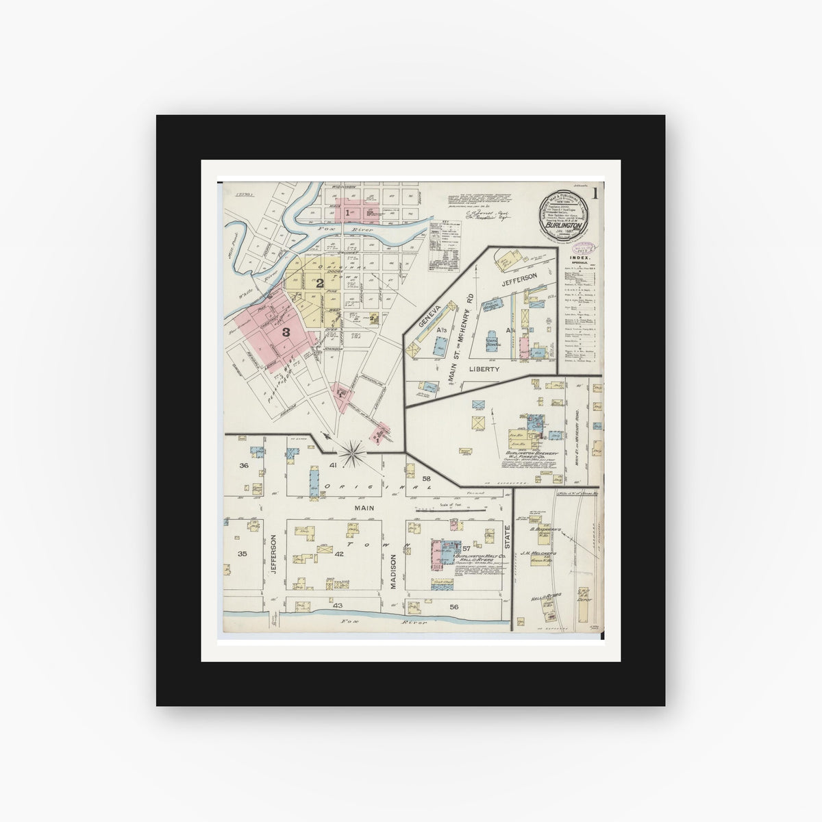 Old map wall art mockup — black gallery frame with white mat — Sanborn Fire Insurance Map from Burlington, Racine County, Wisconsin (1887) - Complete Map Set
