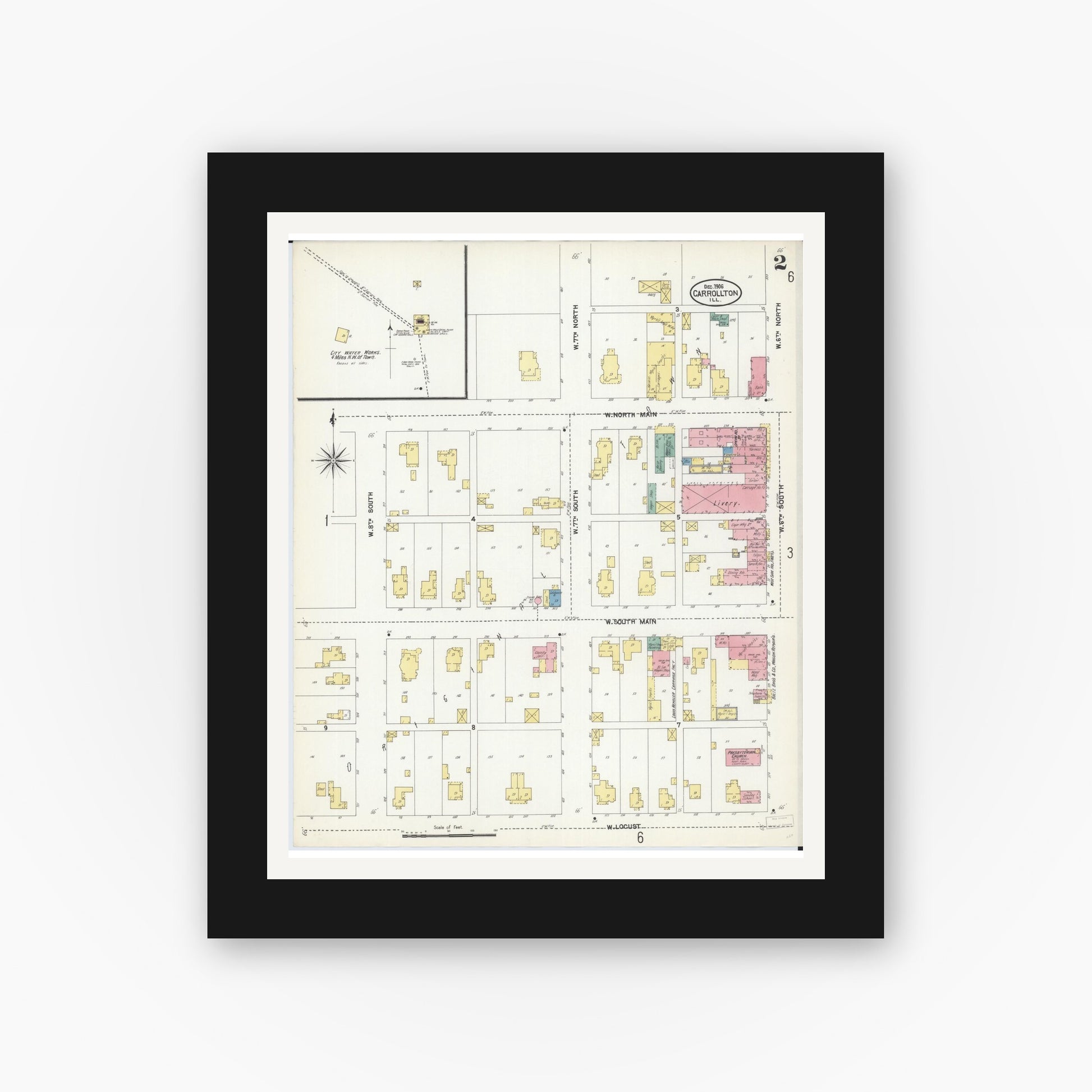 Old map wall art mockup — black gallery frame with white mat — Sanborn Fire Insurance Map from Carrollton, Greene County, Illinois (1906), Sheet #0002