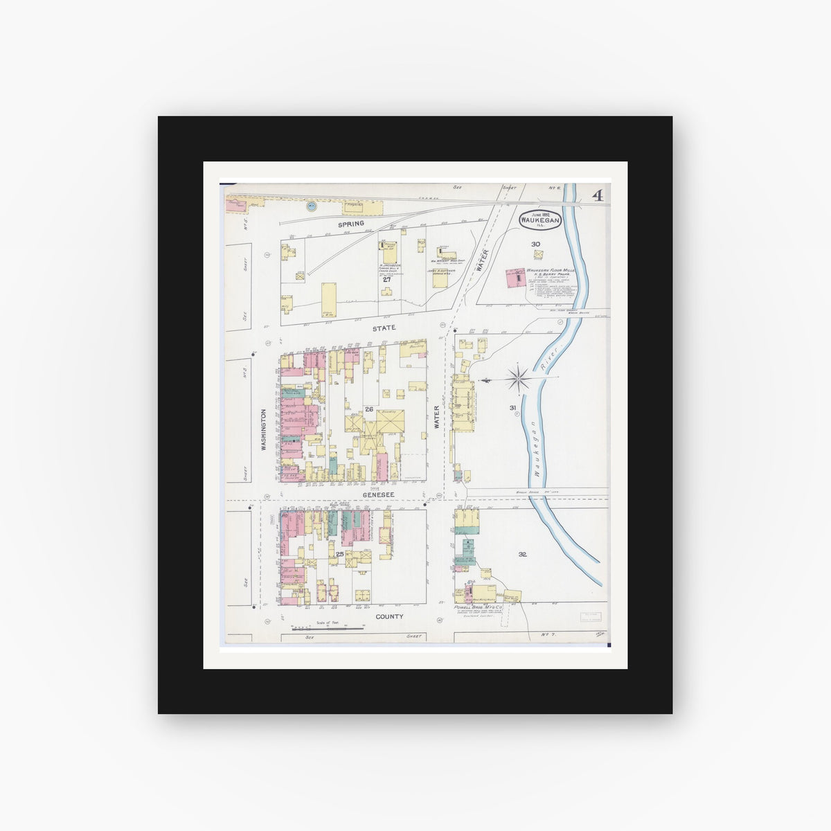 Old map wall art mockup — black gallery frame with white mat — Sanborn Fire Insurance Map from Waukegan, Lake County, Illinois (1892), Sheet #0004
