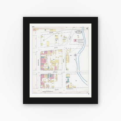Old map wall art mockup — black gallery frame with white mat — Sanborn Fire Insurance Map from Waukegan, Lake County, Illinois (1892), Sheet #0004