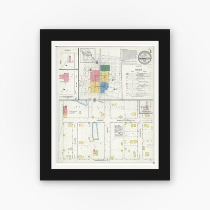 Old map wall art mockup — black gallery frame with white mat — Sanborn Fire Insurance Map from Monroe City, Monroe County, Missouri (1916) - Complete Map Set