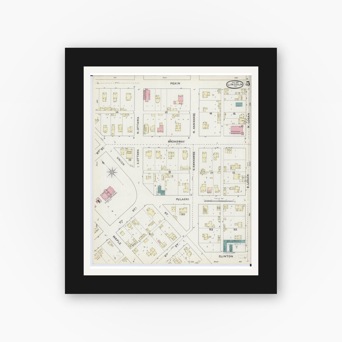 Old map wall art mockup — black gallery frame with white mat — Sanborn Fire Insurance Map from Lincoln, Logan County, Illinois (1891), Sheet #0005