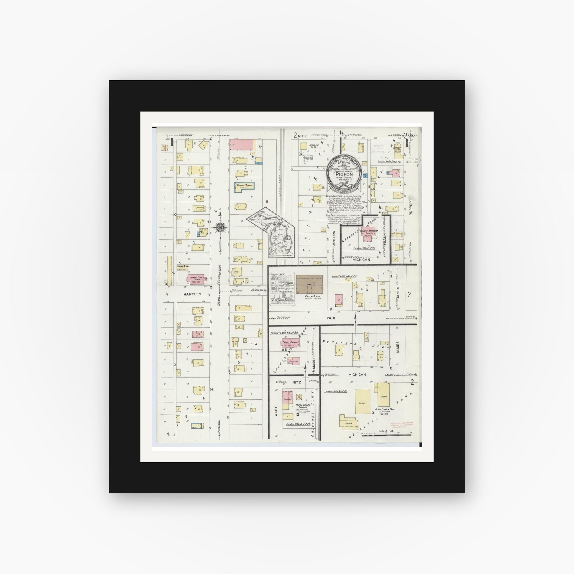 Old map wall art mockup — black gallery frame with white mat — Sanborn Fire Insurance Map from Pigeon, Huron County, Michigan (1924) - Complete Map Set