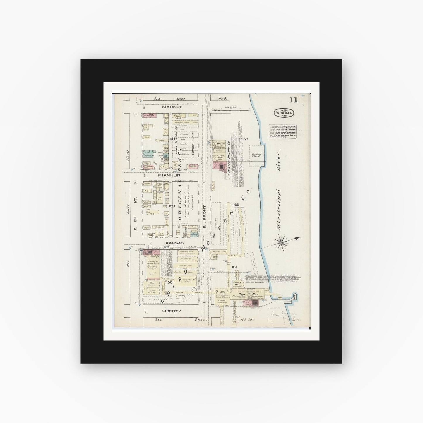 Old map wall art mockup — black gallery frame with white mat — Sanborn Fire Insurance Map from Winona, Winona County, Minnesota (1884), Sheet #0011