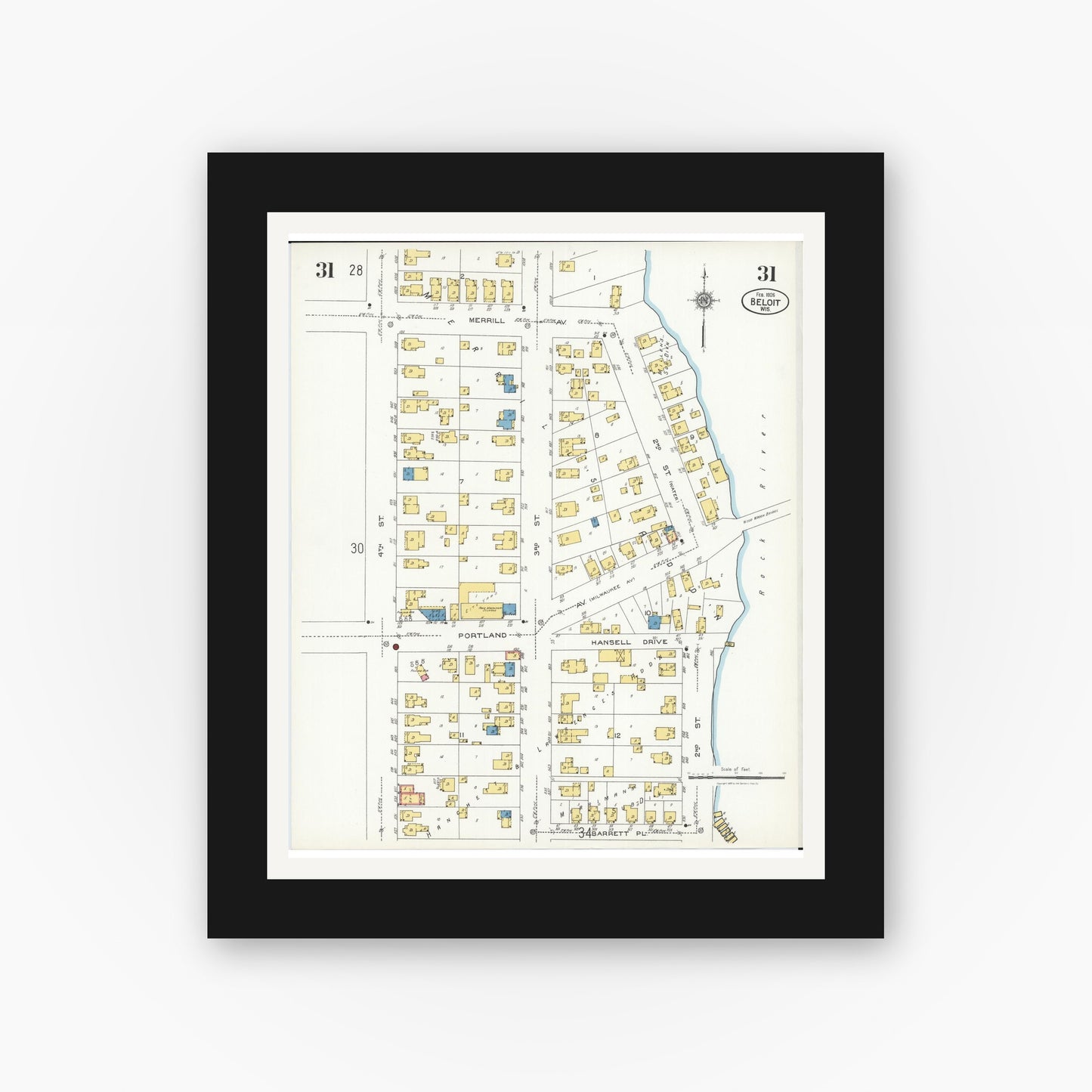 Old map wall art mockup — black gallery frame with white mat — Sanborn Fire Insurance Map from Beloit, Rock County, Wisconsin (1926), Sheet #0031