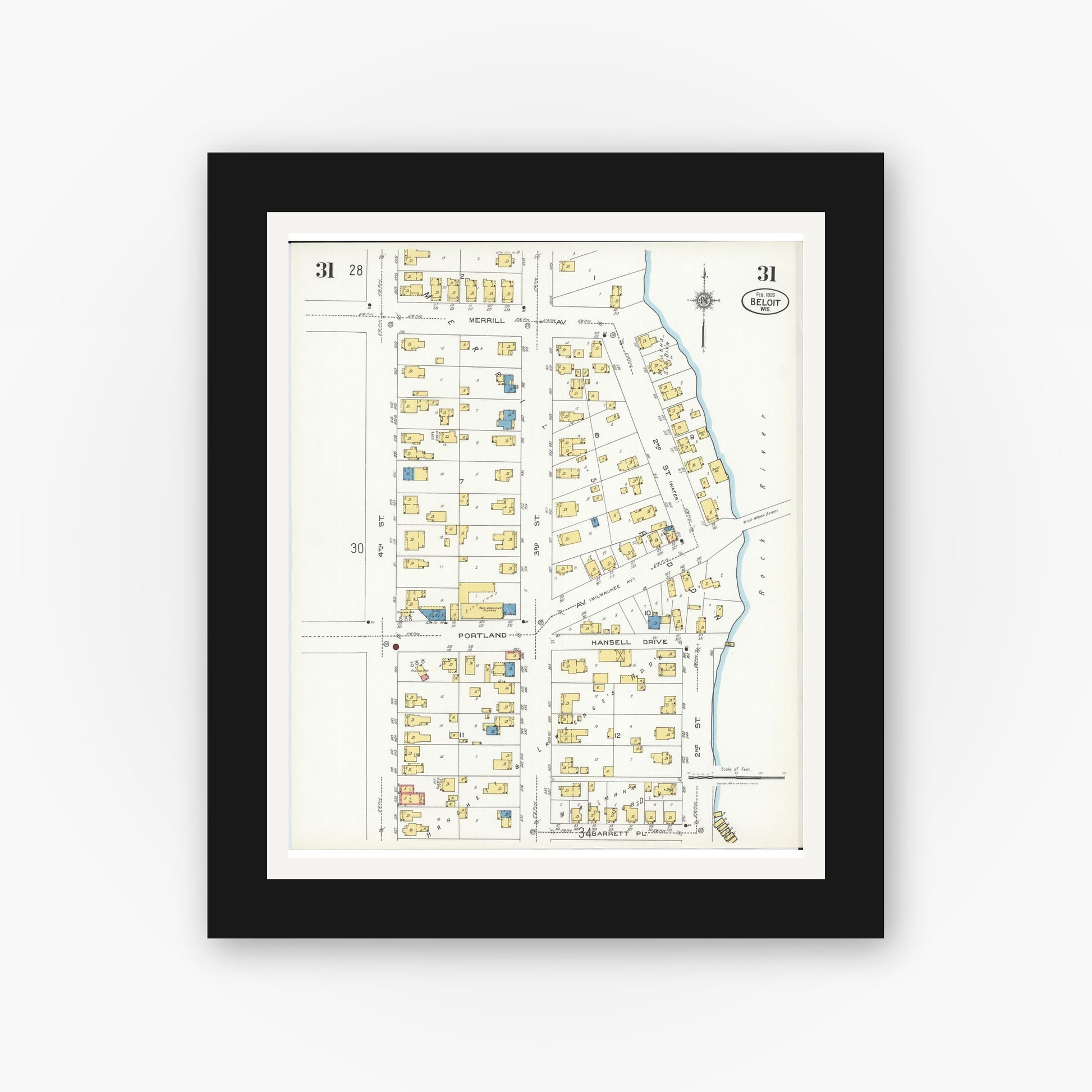Old map wall art mockup — black gallery frame with white mat — Sanborn Fire Insurance Map from Beloit, Rock County, Wisconsin (1926), Sheet #0031