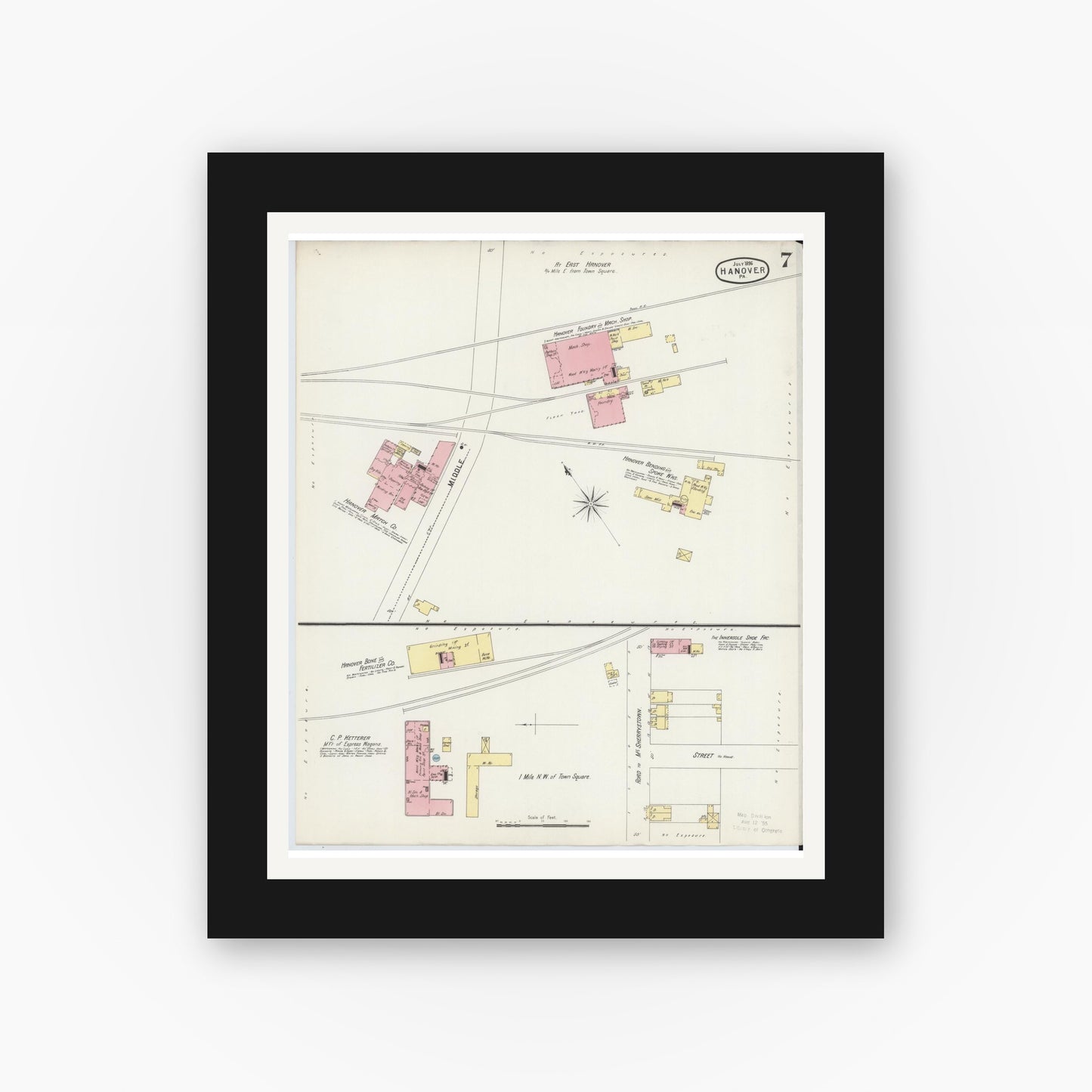 Old map wall art mockup — black gallery frame with white mat — Sanborn Fire Insurance Map from Hanover, York County, Pennsylvania (1896), Sheet #0007
