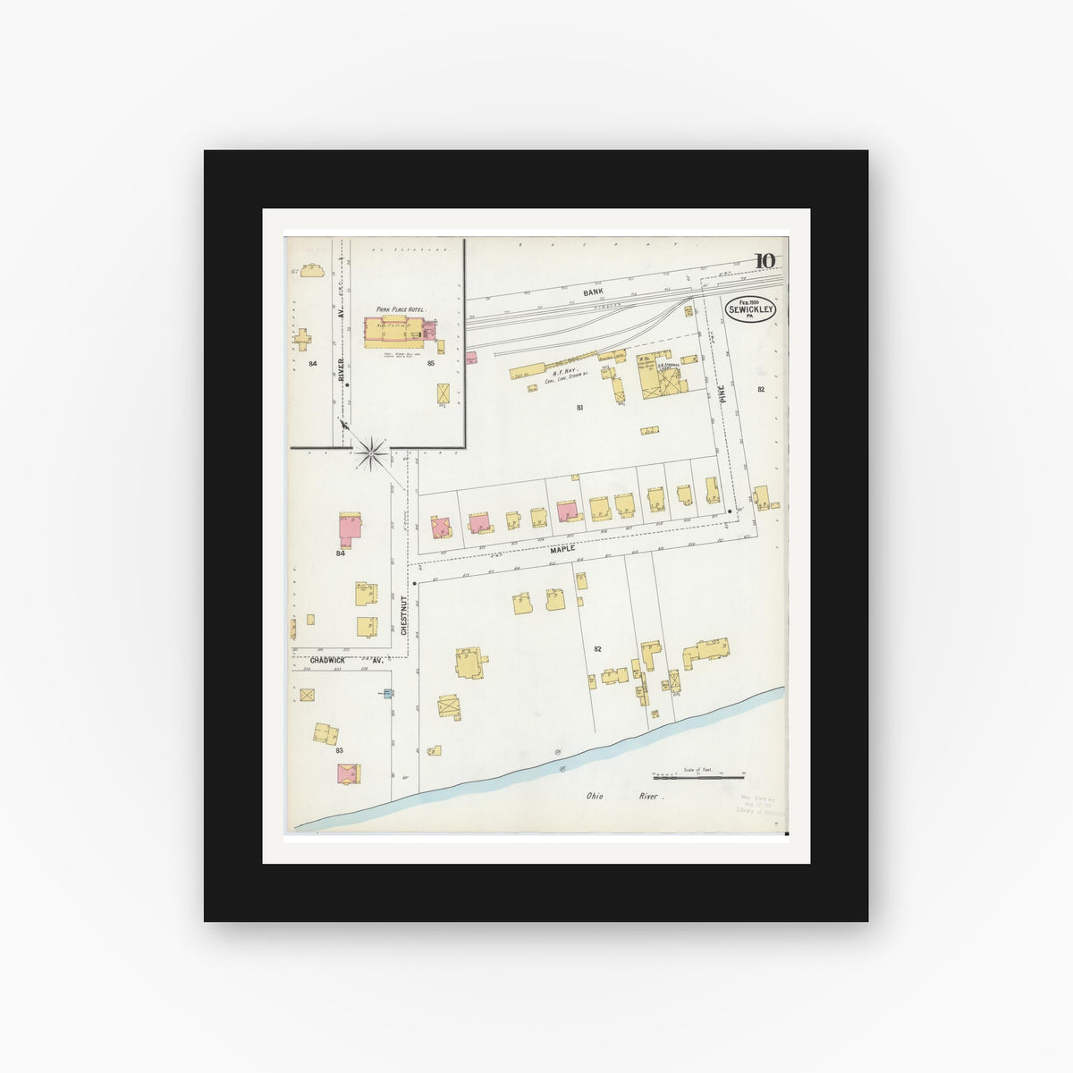 Old map wall art mockup — black gallery frame with white mat — Sanborn Fire Insurance Map from Sewickley, Allegheny County, Pennsylvania (1900), Sheet #0010