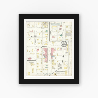 Old map wall art mockup — black gallery frame with white mat — Sanborn Fire Insurance Map from Wyoming, Jones County, Iowa (1905), Sheet #0001