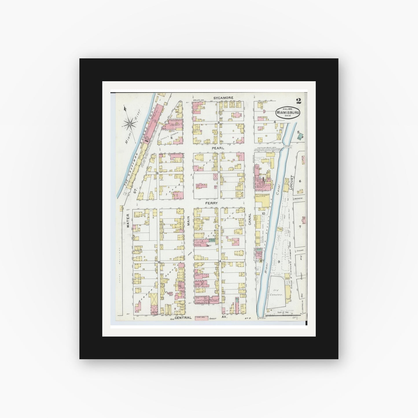 Old map wall art mockup — black gallery frame with white mat — Sanborn Fire Insurance Map from Miamisburg, Montgomery County, Ohio (1892), Sheet #0002