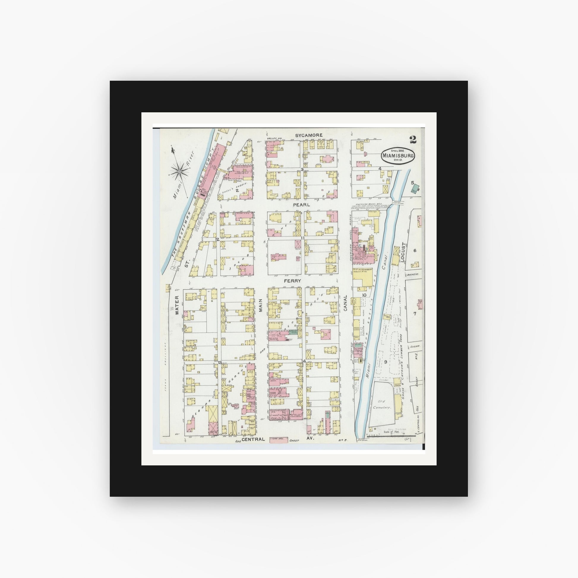 Old map wall art mockup — black gallery frame with white mat — Sanborn Fire Insurance Map from Miamisburg, Montgomery County, Ohio (1892), Sheet #0002