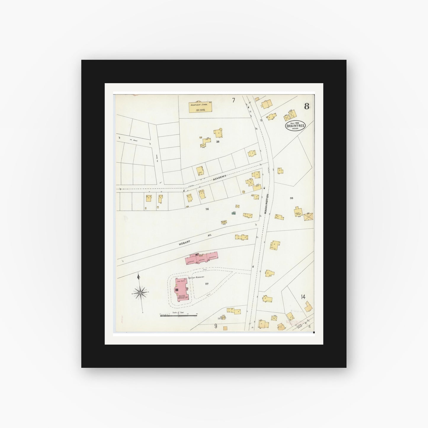 Old map wall art mockup — black gallery frame with white mat — Sanborn Fire Insurance Map from Braintree, Norfolk County, Massachusetts (1906), Sheet #0008