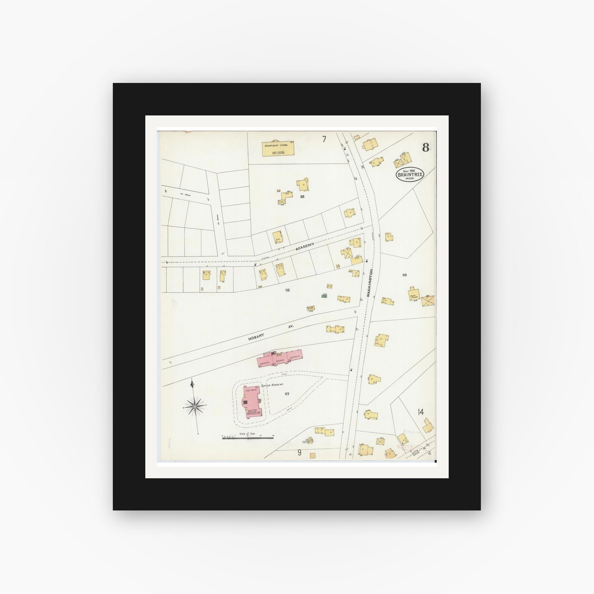 Old map wall art mockup — black gallery frame with white mat — Sanborn Fire Insurance Map from Braintree, Norfolk County, Massachusetts (1906), Sheet #0008