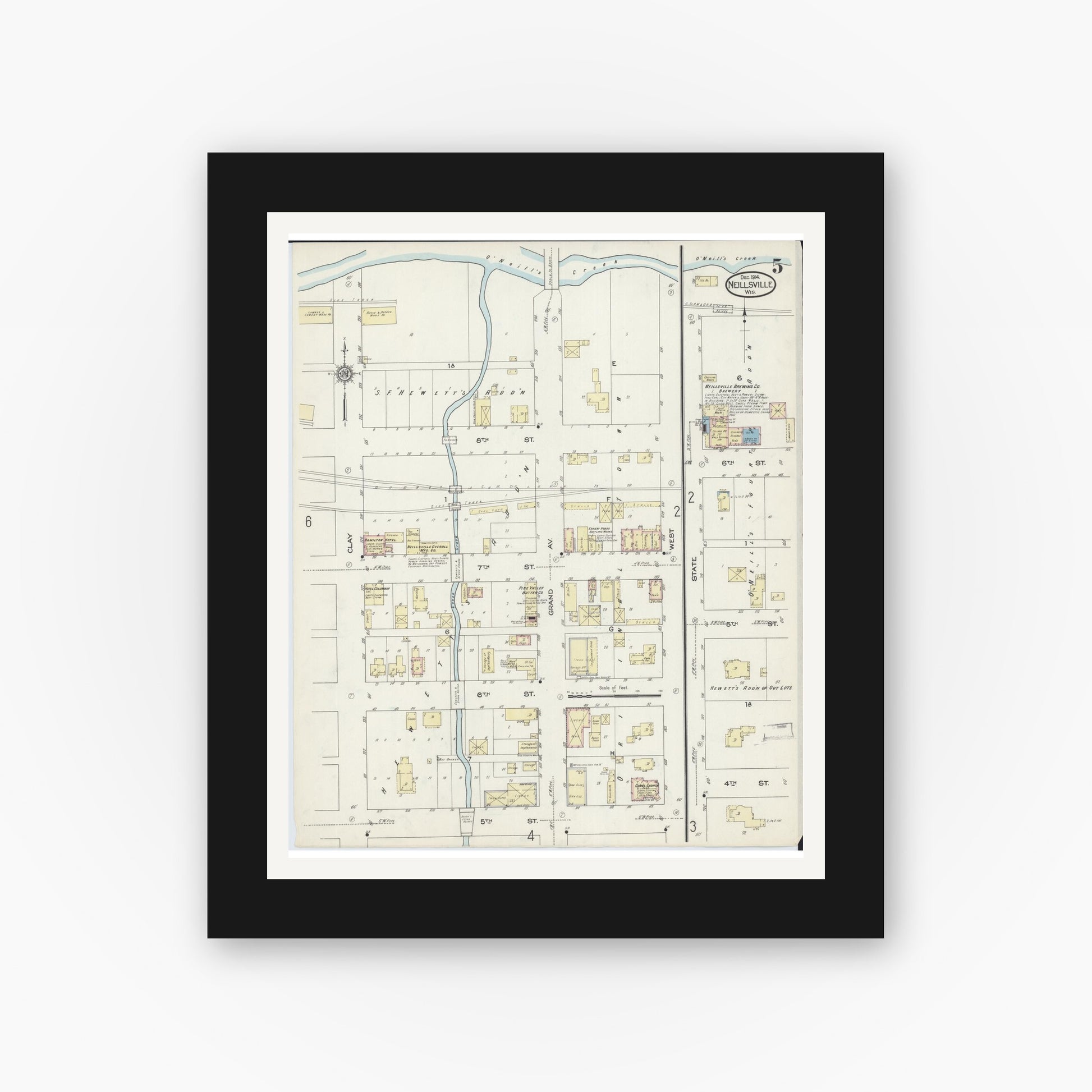 Old map wall art mockup — black gallery frame with white mat — Sanborn Fire Insurance Map from Neillsville, Clark County, Wisconsin (1914), Sheet #0005