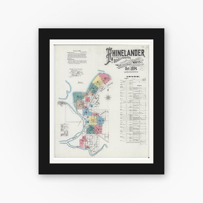 Old map wall art mockup — black gallery frame with white mat — Sanborn Fire Insurance Map from Rhinelander, Oneida County, Wisconsin (1894) - Complete Map Set
