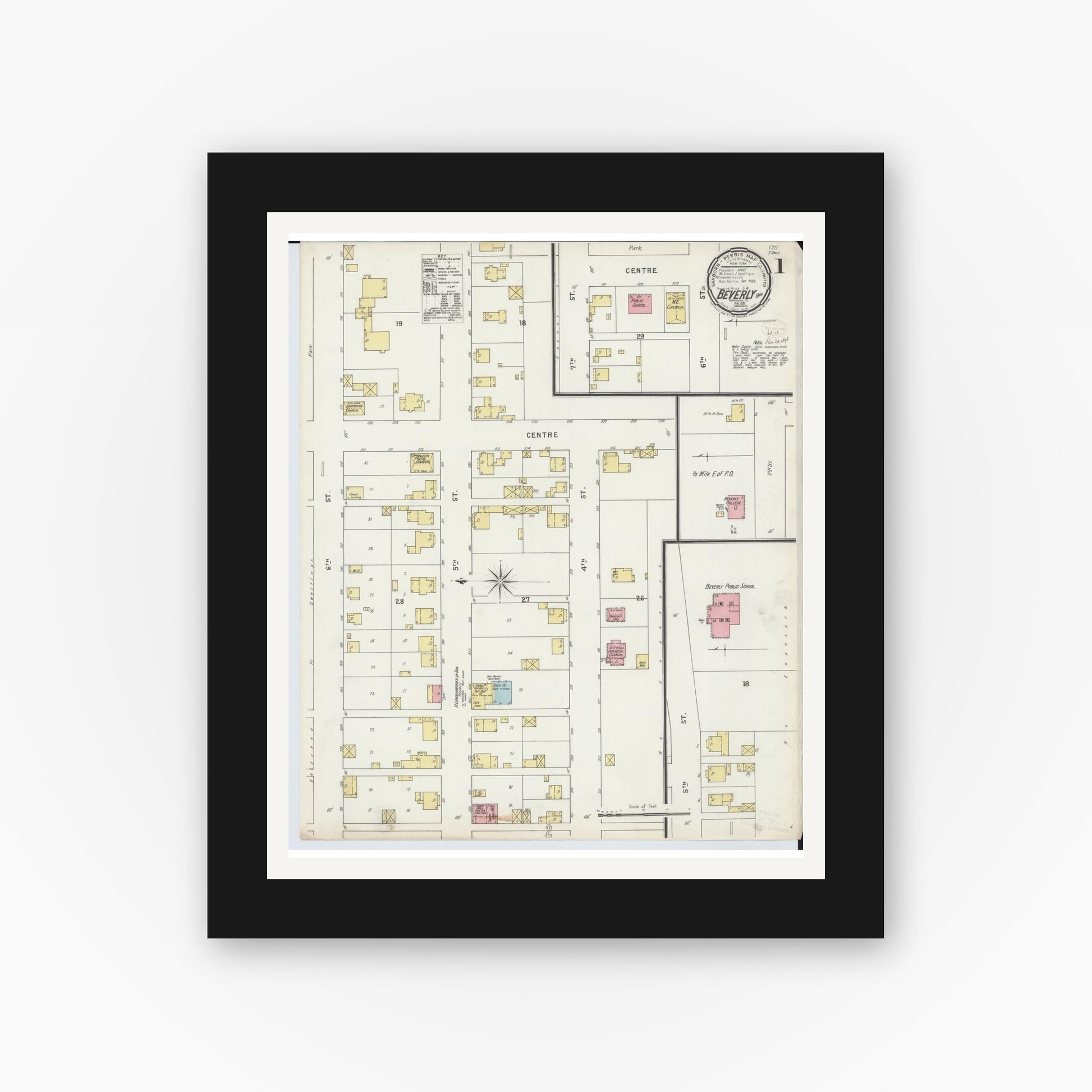 Old map wall art mockup — black gallery frame with white mat — Sanborn Fire Insurance Map from Beverly, Washington County, Ohio (1895) - Complete Map Set