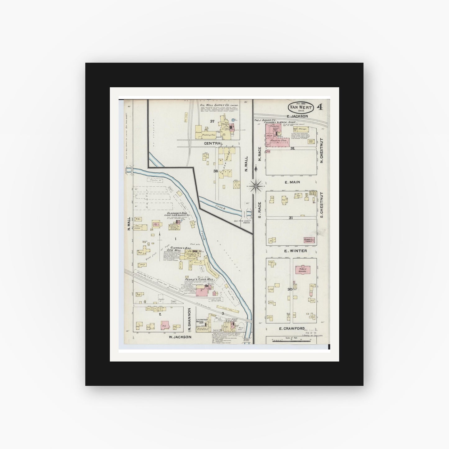 Old map wall art mockup — black gallery frame with white mat — Sanborn Fire Insurance Map from Van Wert, Van Wert County, Ohio (1890), Sheet #0004