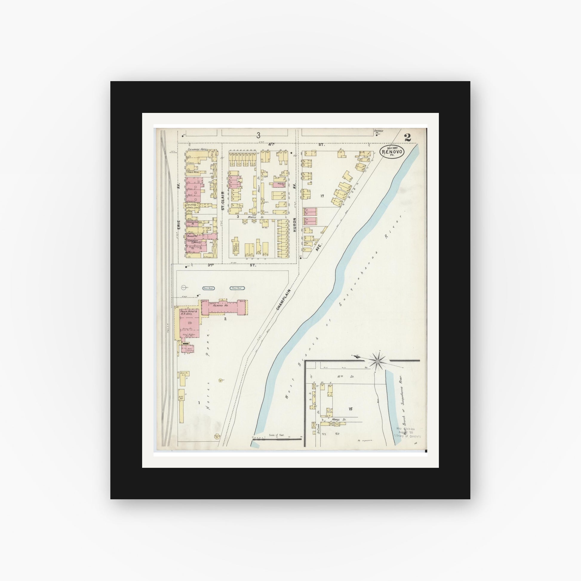 Old map wall art mockup — black gallery frame with white mat — Sanborn Fire Insurance Map from Renovo, Clinton County, Pennsylvania (1897), Sheet #0002
