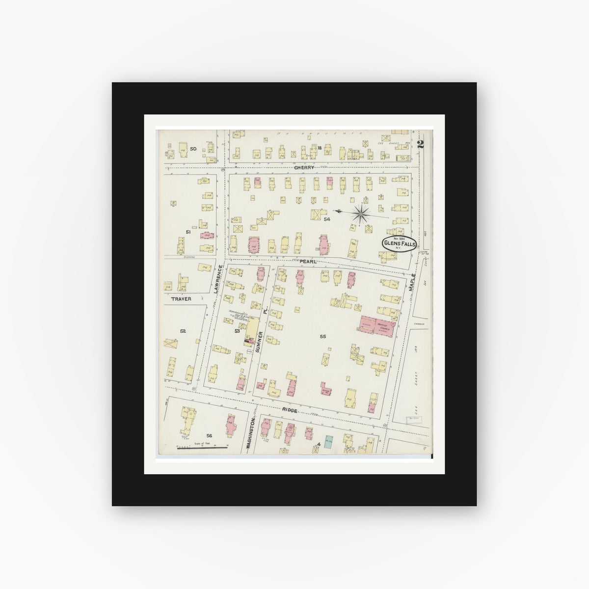 Old map wall art mockup — black gallery frame with white mat — Sanborn Fire Insurance Map from Glens Falls, Warren County, New York (1890) - Complete Map Set