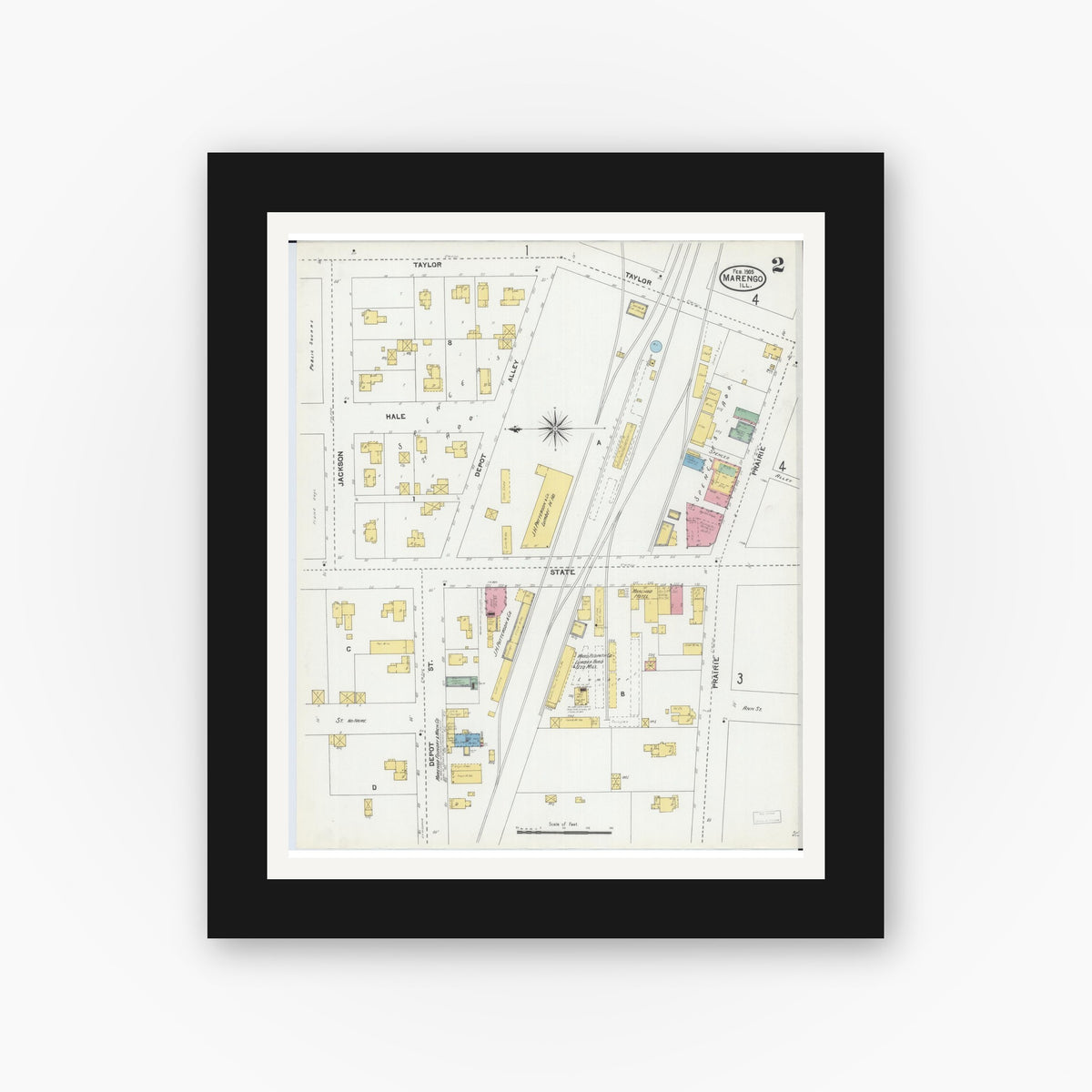 Old map wall art mockup — black gallery frame with white mat — Sanborn Fire Insurance Map from Marengo, McHenry County, Illinois (1905), Sheet #0002