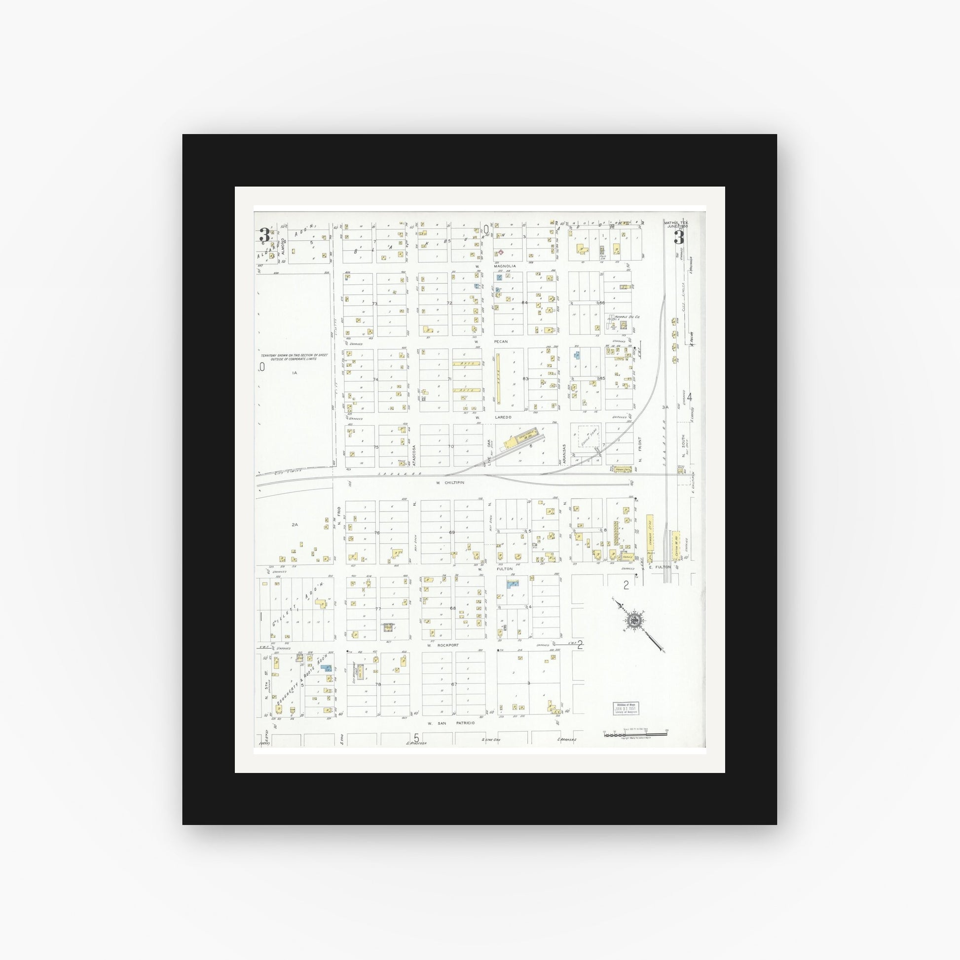 Old map wall art mockup — black gallery frame with white mat — Sanborn Fire Insurance Map from Mathis, San Patricio County, Texas (1950), Sheet #0003