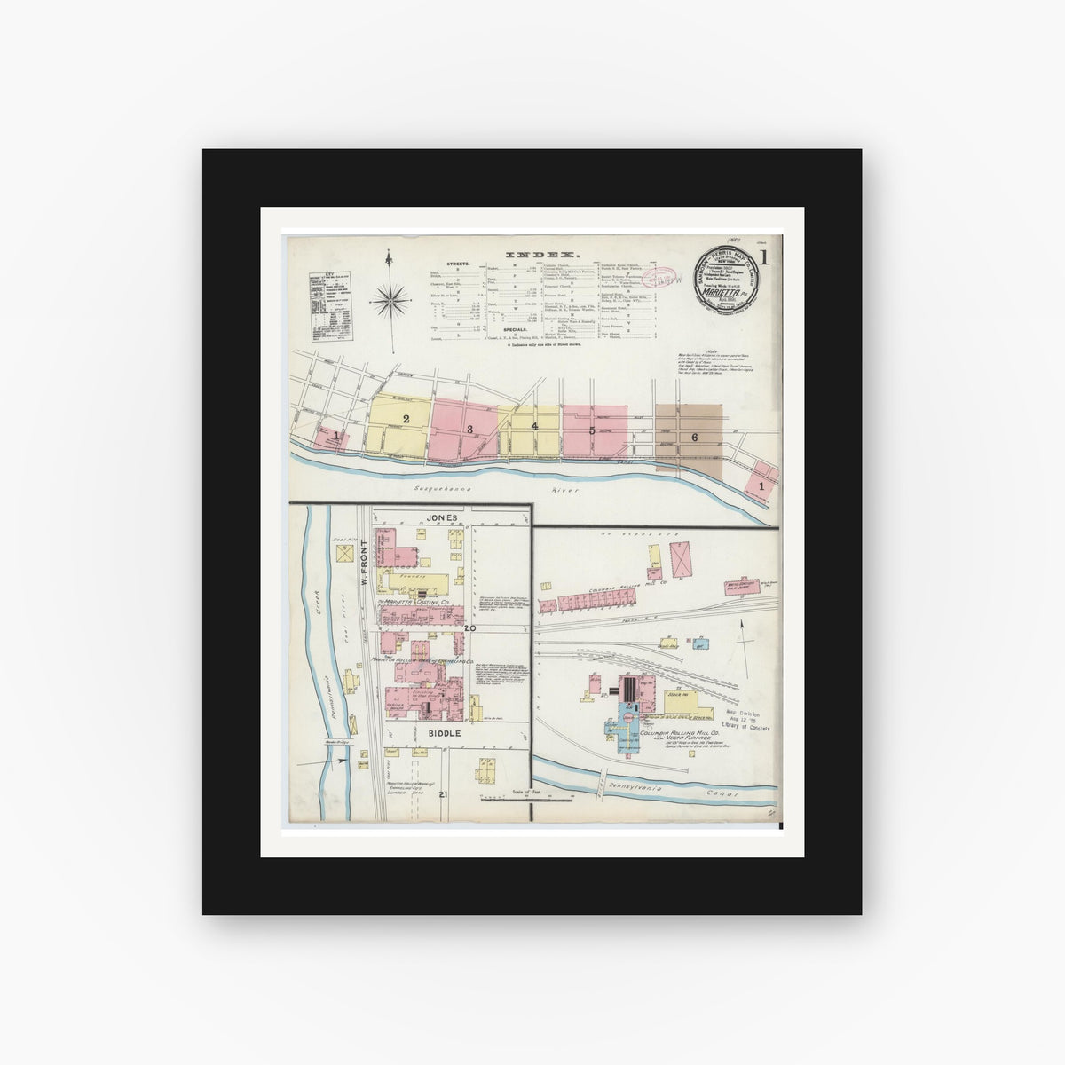 Old map wall art mockup — black gallery frame with white mat — Sanborn Fire Insurance Map from Marietta, Lancaster County, Pennsylvania (1891) - Complete Map Set