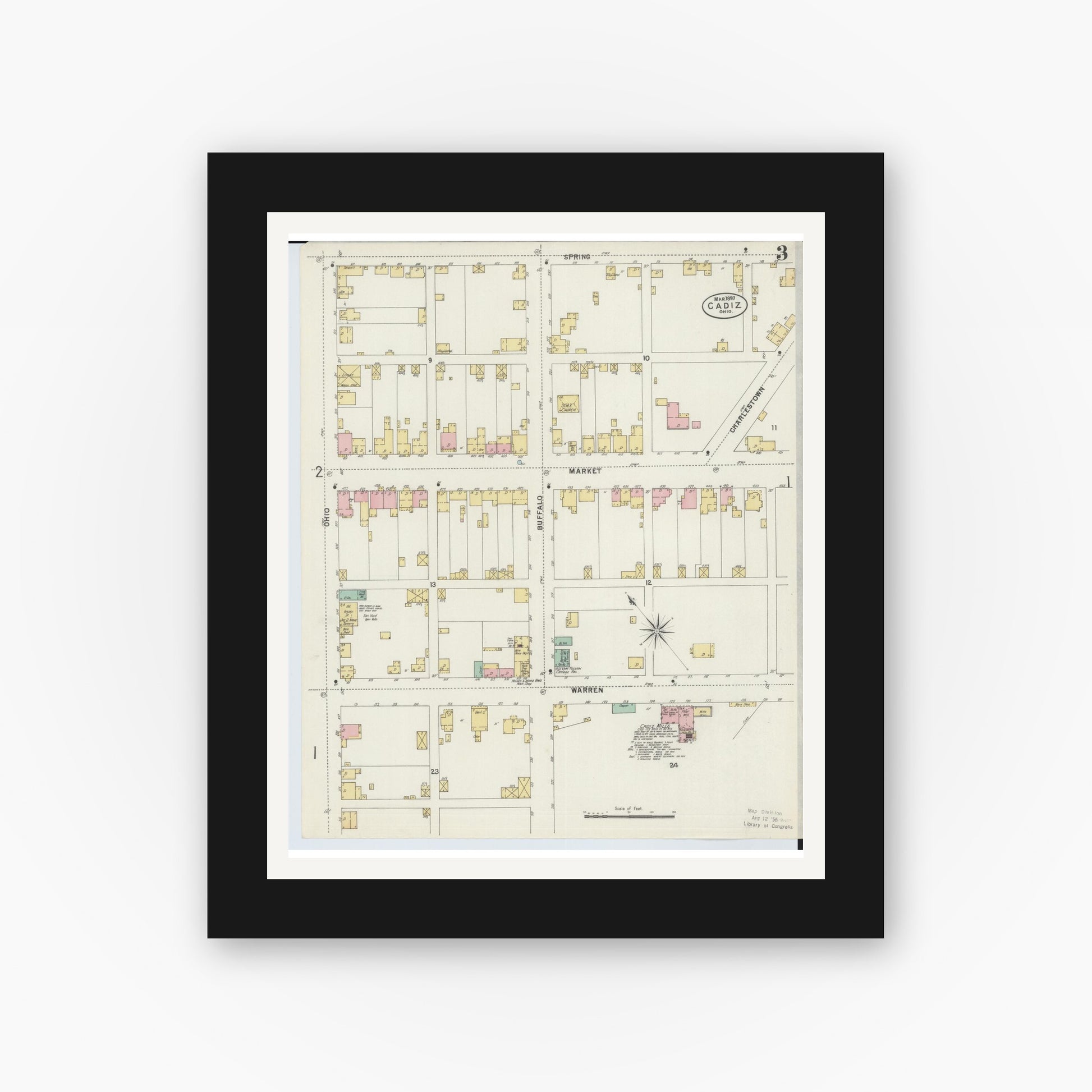 Old map wall art mockup — black gallery frame with white mat — Sanborn Fire Insurance Map from Cadiz, Harrison County, Ohio (1897), Sheet #0003