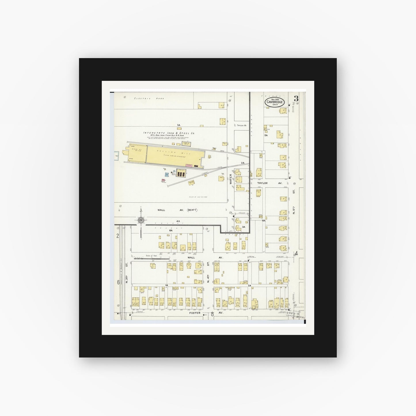 Old map wall art mockup — black gallery frame with white mat — Sanborn Fire Insurance Map from Cambridge, Guernsey County, Ohio (1909), Sheet #0003