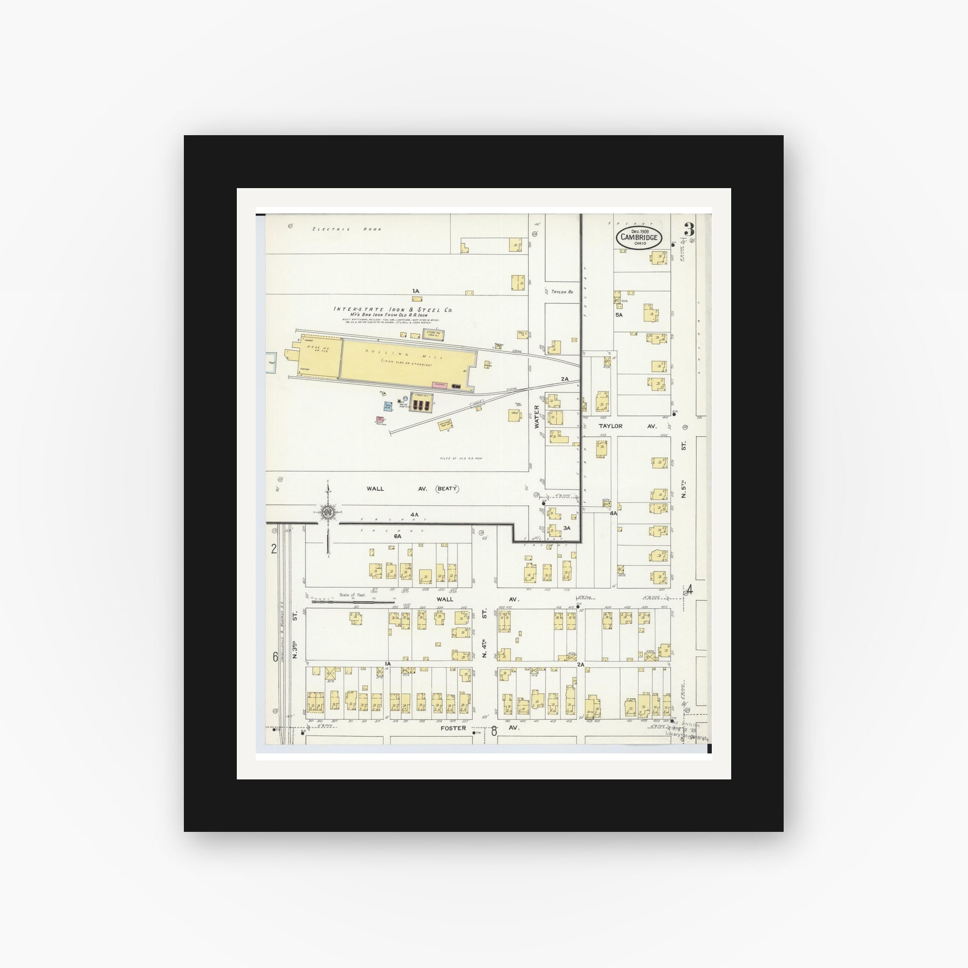 Old map wall art mockup — black gallery frame with white mat — Sanborn Fire Insurance Map from Cambridge, Guernsey County, Ohio (1909), Sheet #0003