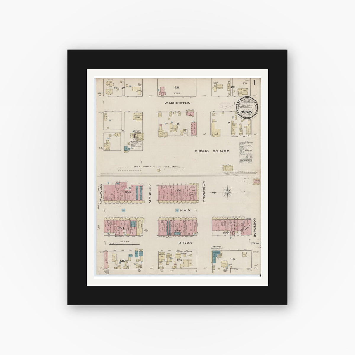 Old map wall art mockup — black gallery frame with white mat — Sanborn Fire Insurance Map from Bryan, Brazos County, Texas (1885) - Complete Map Set