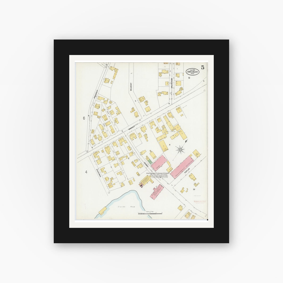 Old map wall art mockup — black gallery frame with white mat — Sanborn Fire Insurance Map from Amesbury, Essex County, Massachusetts (1899), Sheet #0005