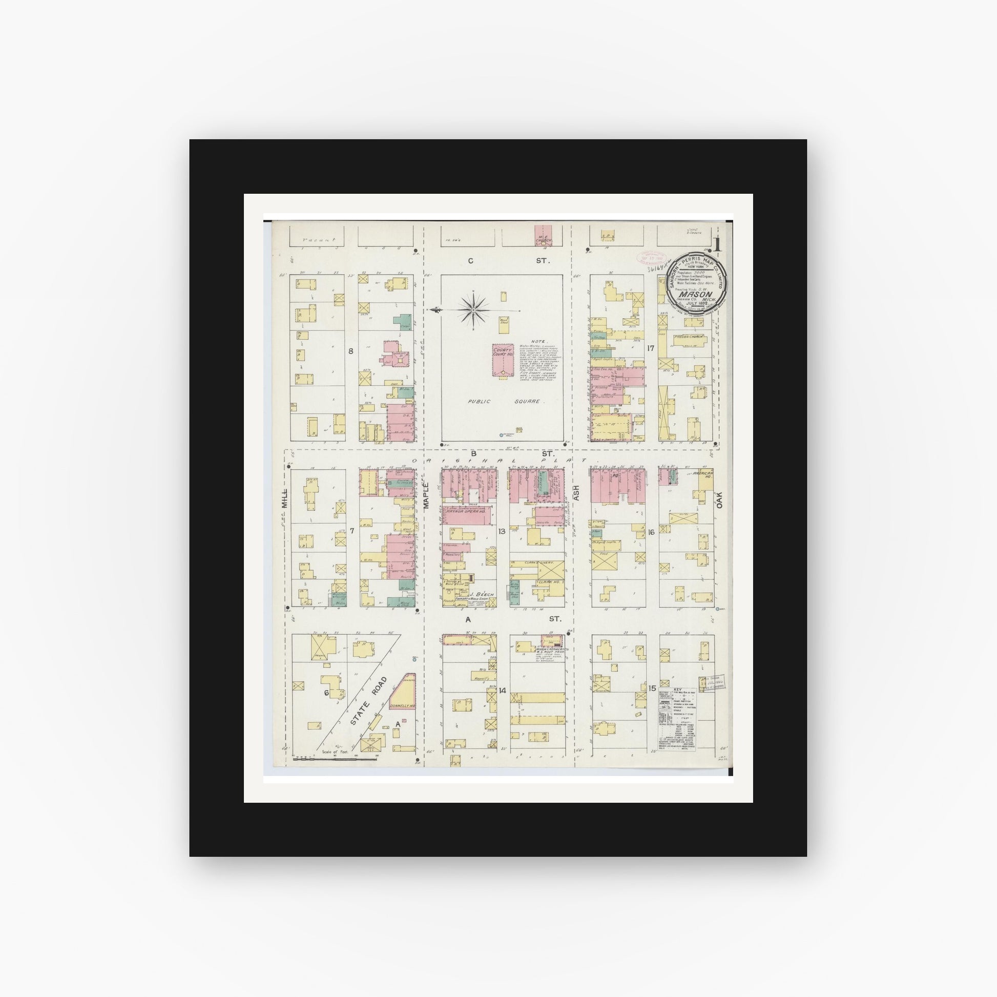 Old map wall art mockup — black gallery frame with white mat — Sanborn Fire Insurance Map from Mason, Ingham County, Michigan (1892) - Complete Map Set