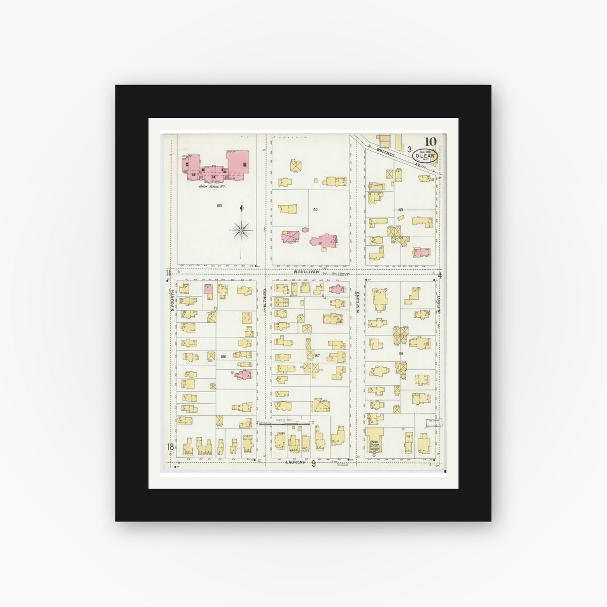 Old map wall art mockup — black gallery frame with white mat — Sanborn Fire Insurance Map from Olean, Cattaraugus County, New York (1898), Sheet #0010
