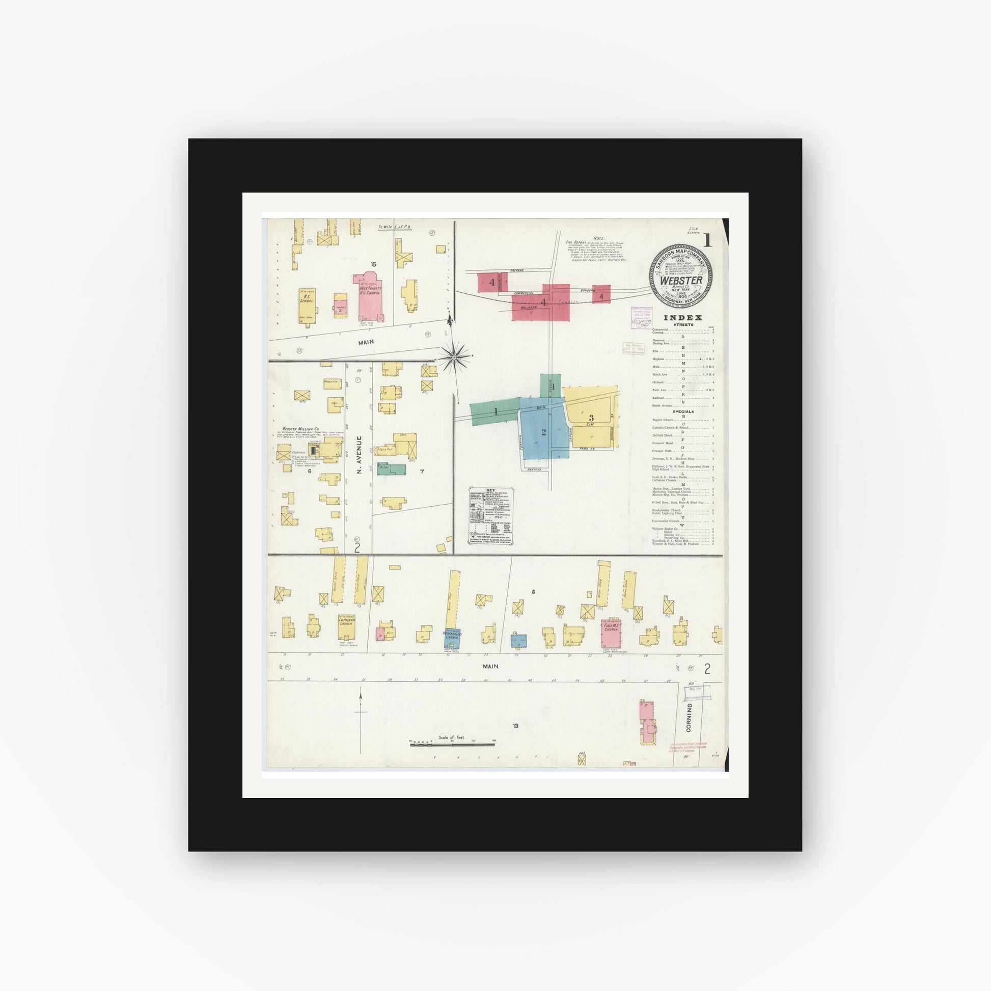 Old map wall art mockup — black gallery frame with white mat — Sanborn Fire Insurance Map from Webster, Monroe County, New York (1906) - Complete Map Set