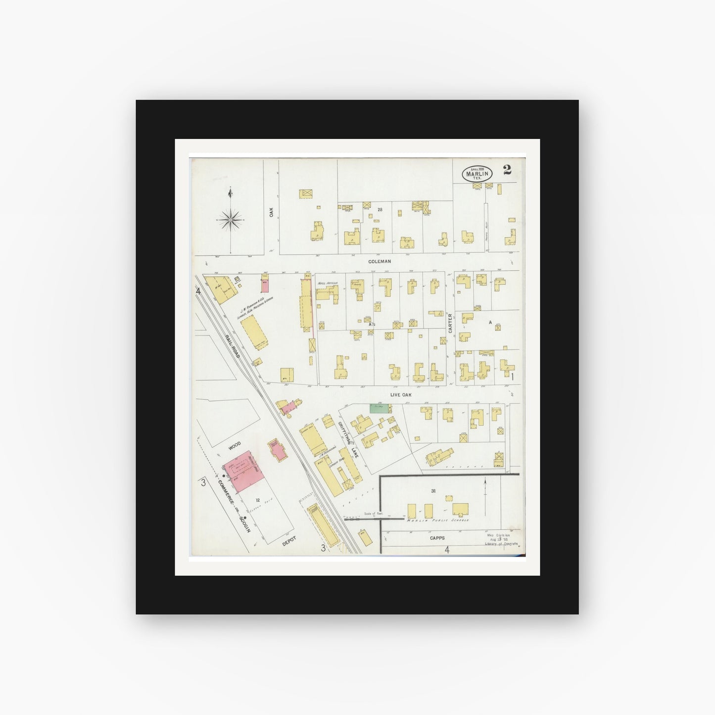 Old map wall art mockup — black gallery frame with white mat — Sanborn Fire Insurance Map from Marlin, Falls County, Texas (1899), Sheet #0002