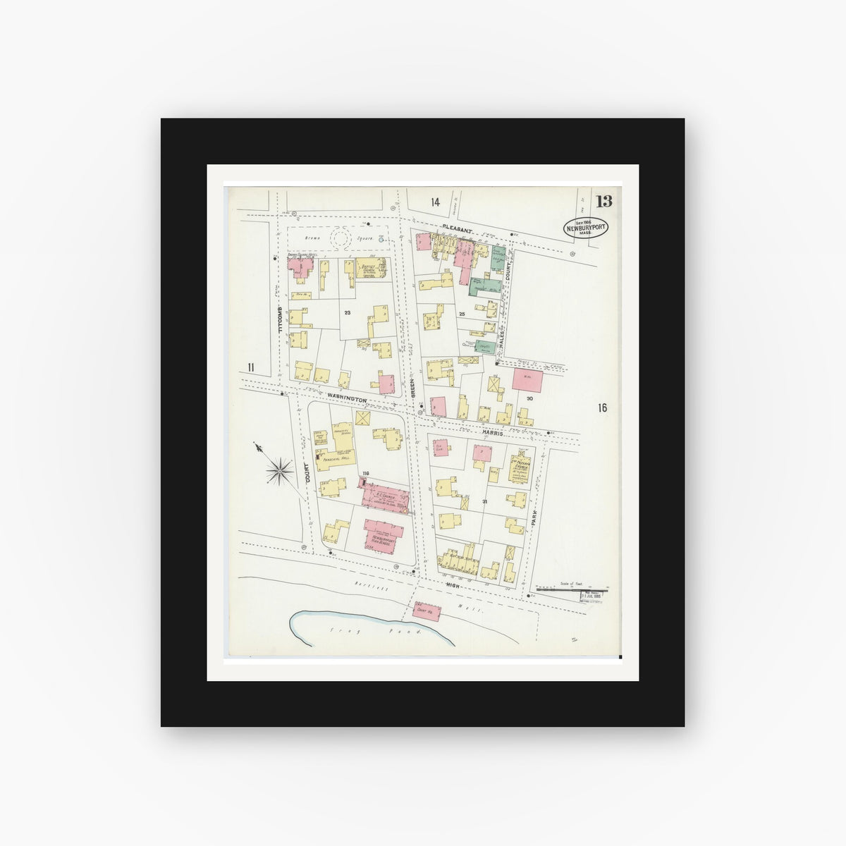 Old map wall art mockup — black gallery frame with white mat — Sanborn Fire Insurance Map from Newburyport, Essex County, Massachusetts (1906), Sheet #0013