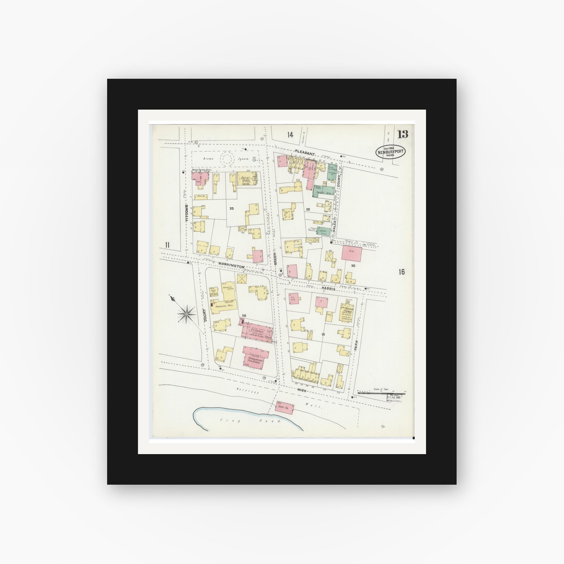 Old map wall art mockup — black gallery frame with white mat — Sanborn Fire Insurance Map from Newburyport, Essex County, Massachusetts (1906), Sheet #0013