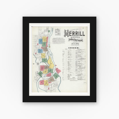 Old map wall art mockup — black gallery frame with white mat — Sanborn Fire Insurance Map from Merrill, Lincoln County, Wisconsin (1902), Sheet #0001