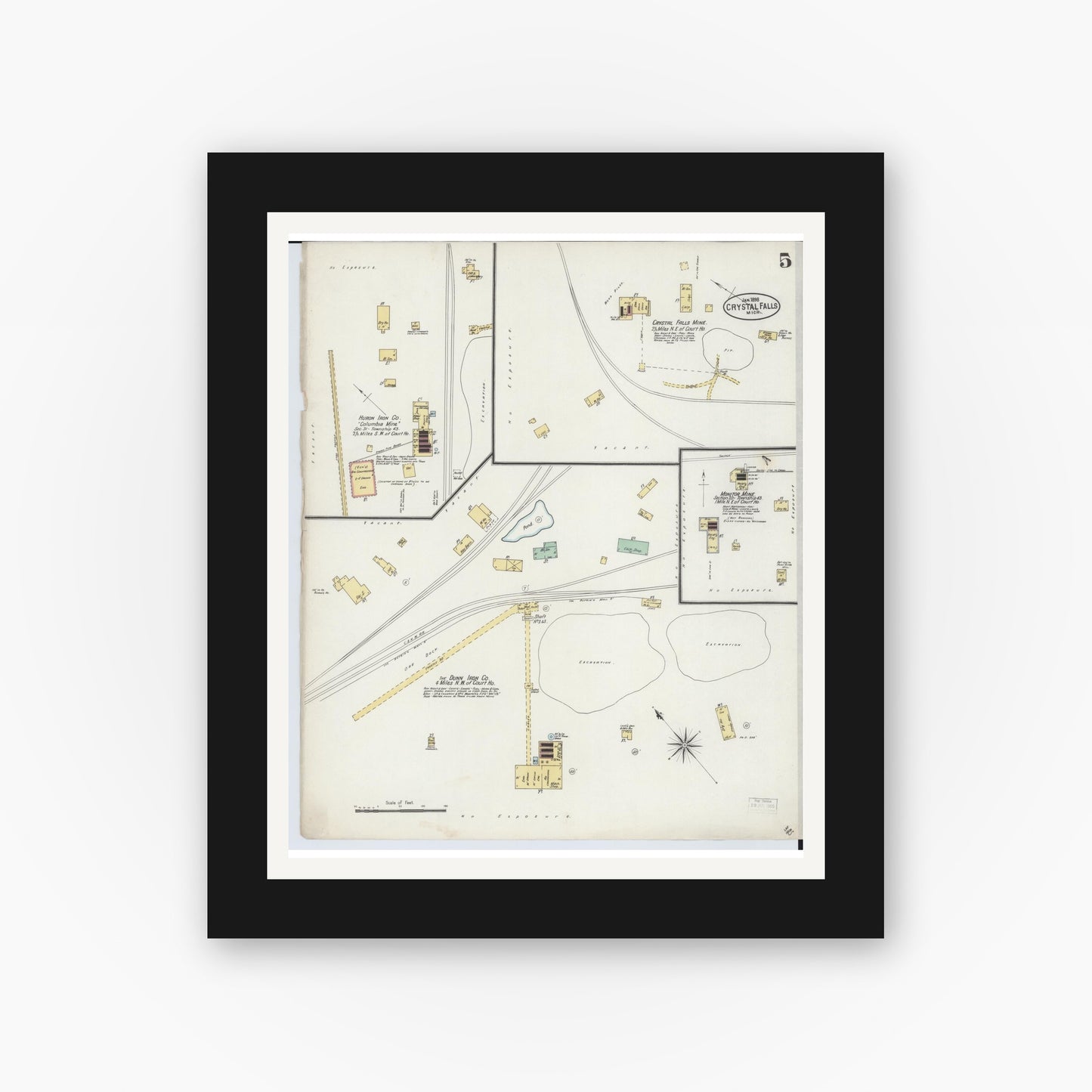 Old map wall art mockup — black gallery frame with white mat — Sanborn Fire Insurance Map from Crystal Falls, Iron County, Michigan (1898), Sheet #0005