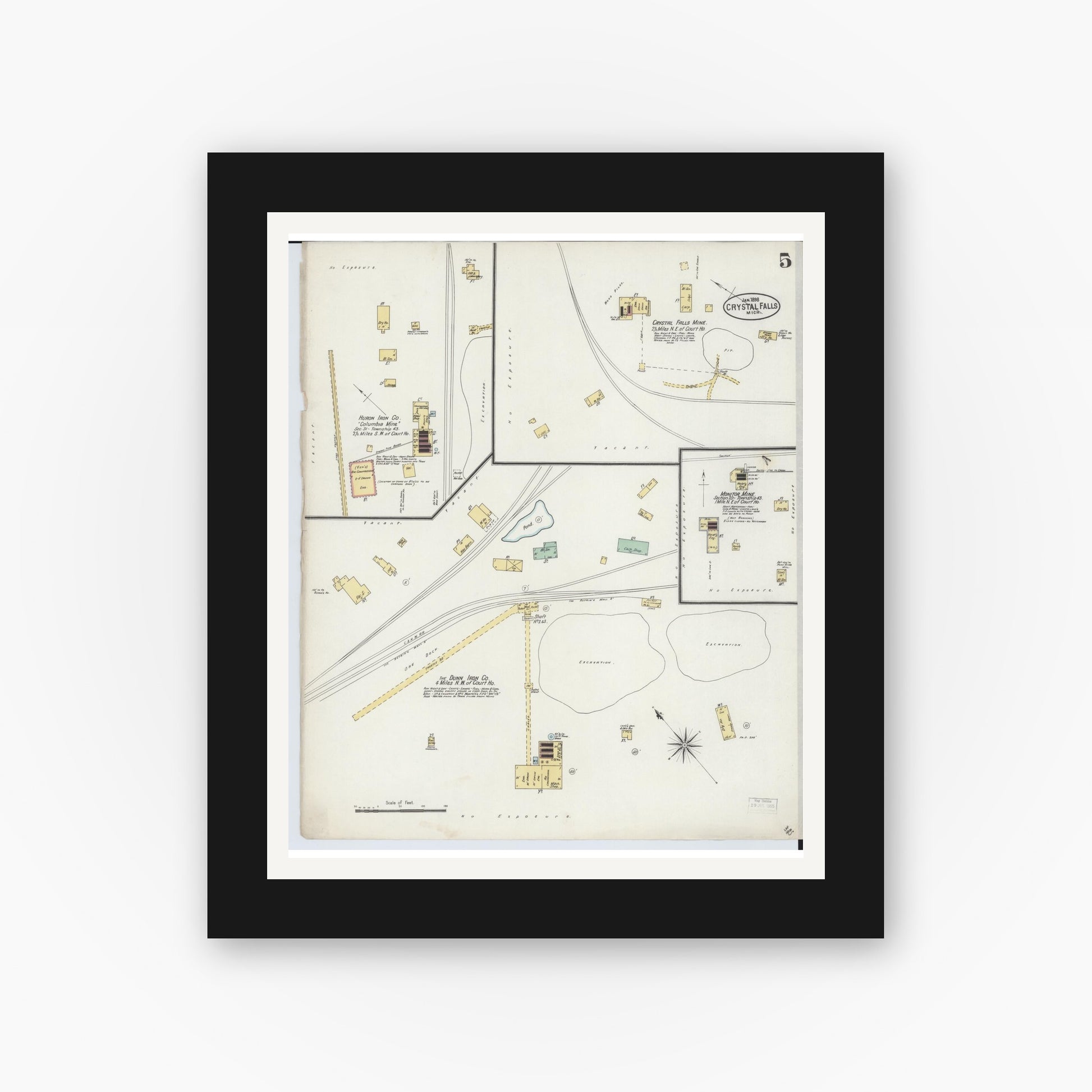 Old map wall art mockup — black gallery frame with white mat — Sanborn Fire Insurance Map from Crystal Falls, Iron County, Michigan (1898), Sheet #0005