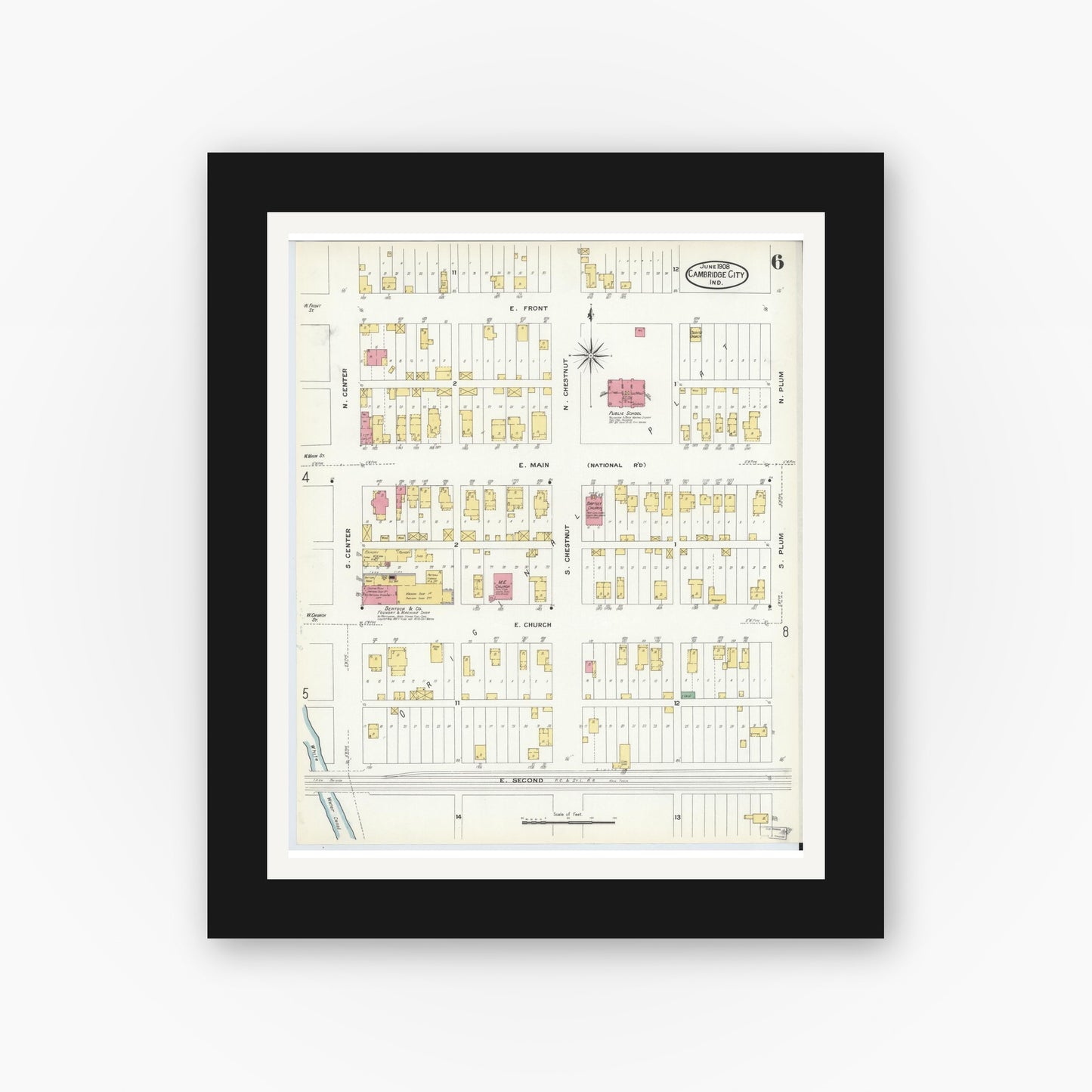 Old map wall art mockup — black gallery frame with white mat — Sanborn Fire Insurance Map from Cambridge City, Wayne County, Indiana (1908), Sheet #0006