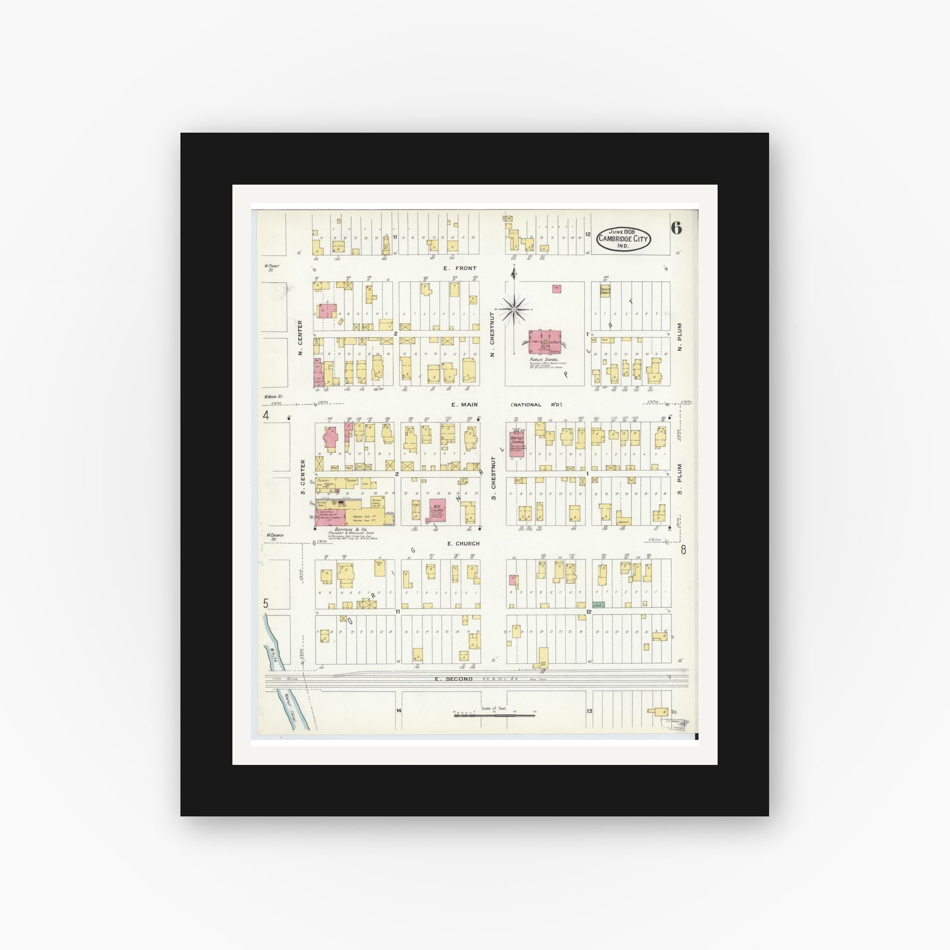 Old map wall art mockup — black gallery frame with white mat — Sanborn Fire Insurance Map from Cambridge City, Wayne County, Indiana (1908), Sheet #0006