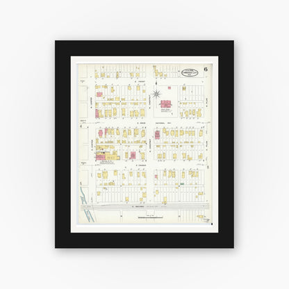 Old map wall art mockup — black gallery frame with white mat — Sanborn Fire Insurance Map from Cambridge City, Wayne County, Indiana (1908), Sheet #0006