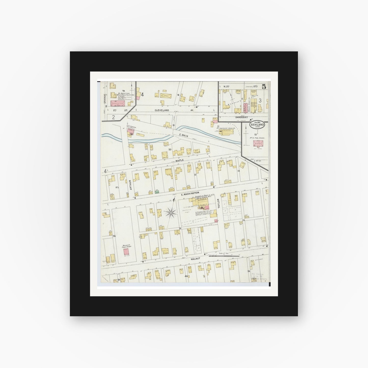 Old map wall art mockup — black gallery frame with white mat — Sanborn Fire Insurance Map from Ashland, Ashland County, Ohio (1899), Sheet #0005