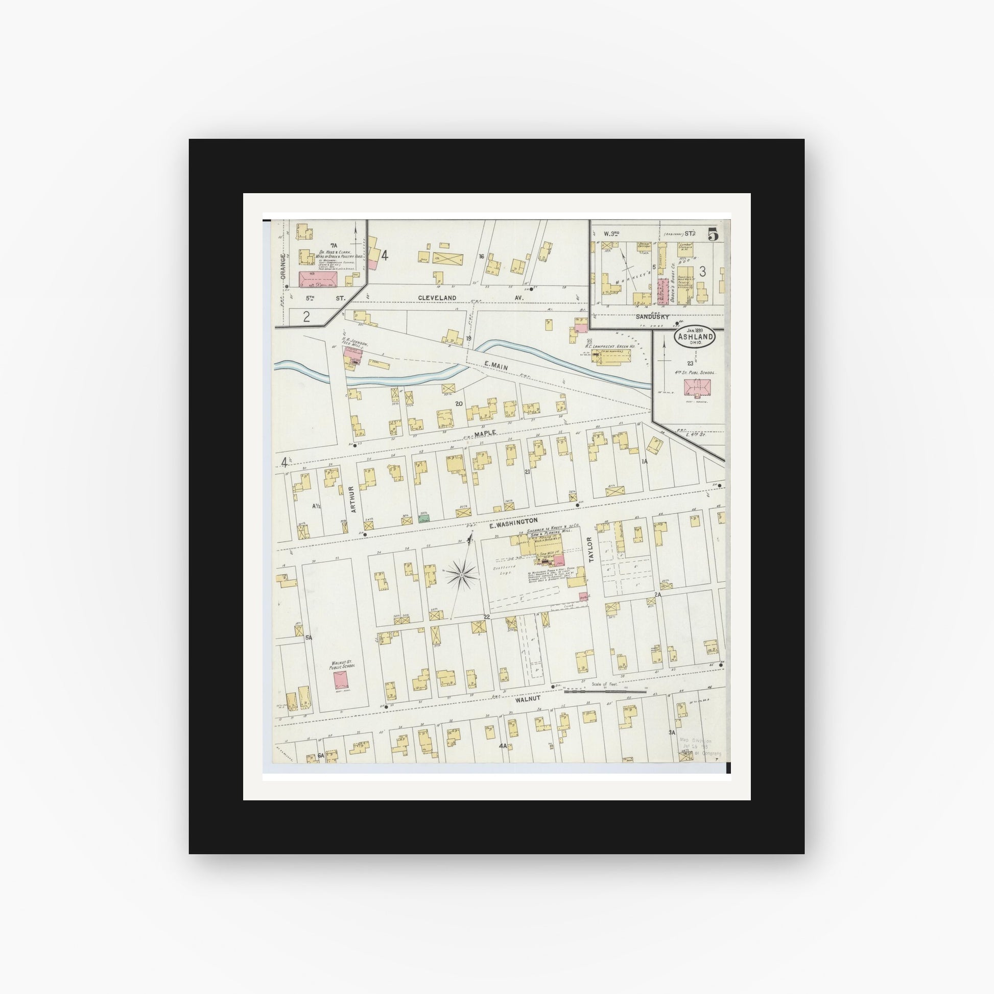 Old map wall art mockup — black gallery frame with white mat — Sanborn Fire Insurance Map from Ashland, Ashland County, Ohio (1899), Sheet #0005
