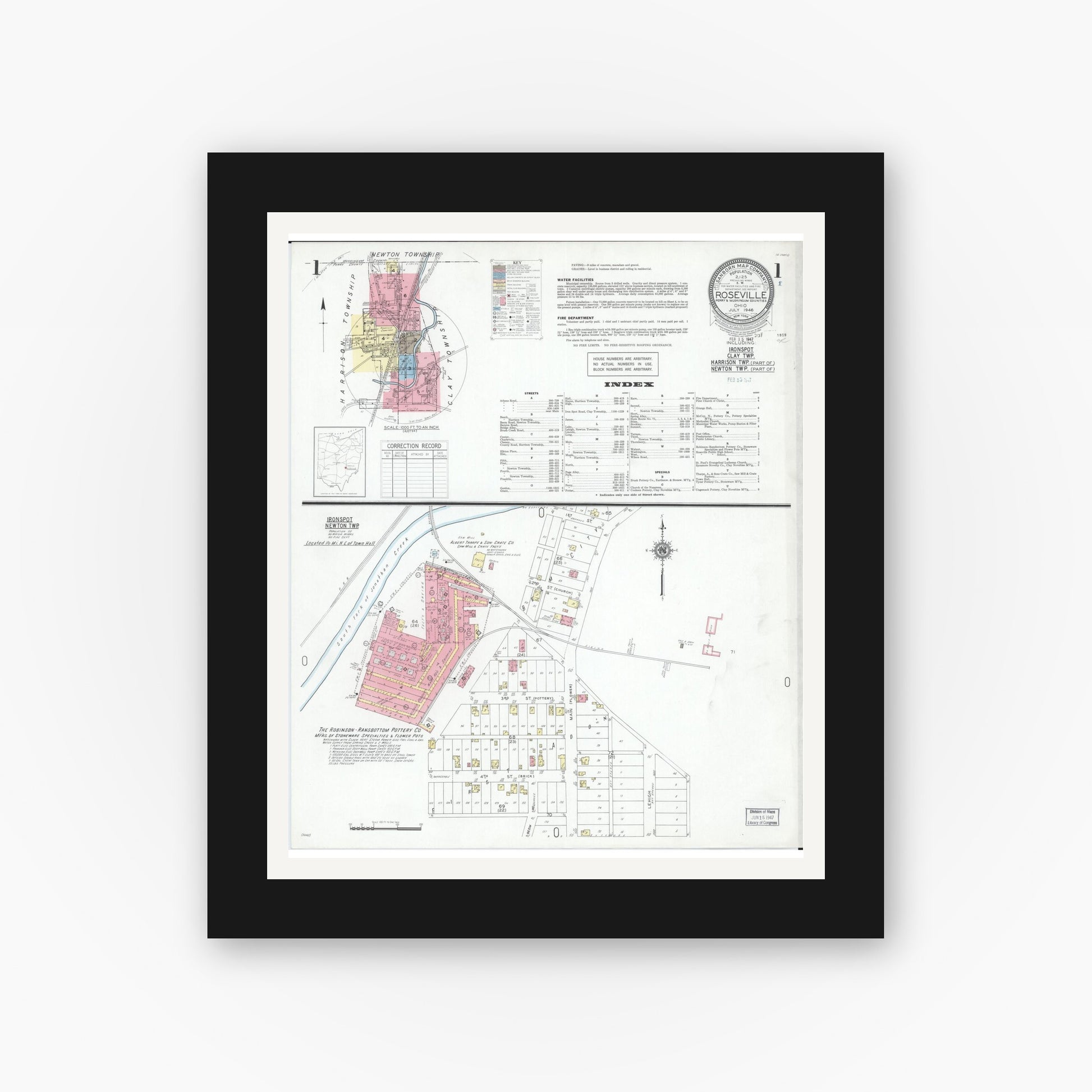 Old map wall art mockup — black gallery frame with white mat — Sanborn Fire Insurance Map from Roseville, Perry And Muskingum Counties, Ohio (1946) - Complete Map Set