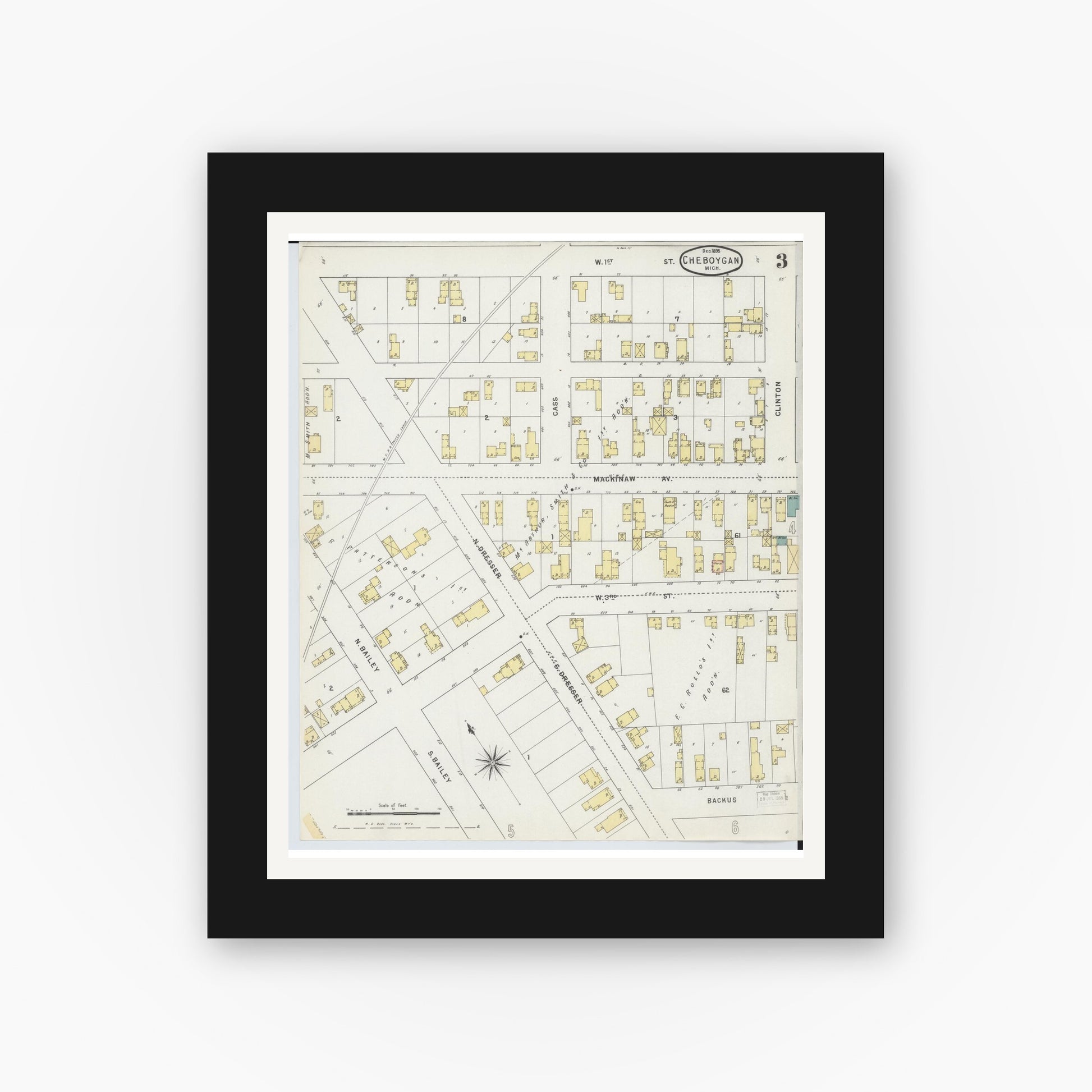 Old map wall art mockup — black gallery frame with white mat — Sanborn Fire Insurance Map from Cheboygan, Cheboygan County, Michigan (1895), Sheet #0003