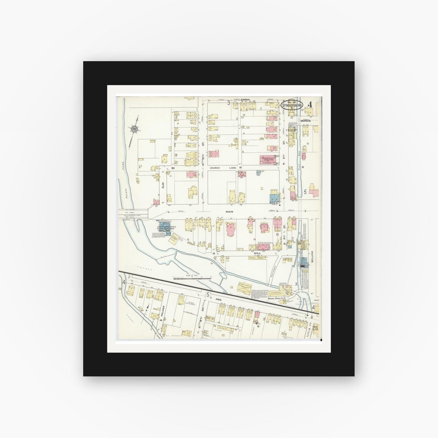 Old map wall art mockup — black gallery frame with white mat — Sanborn Fire Insurance Map from Stroudsburg, Monroe County, Pennsylvania (1912), Sheet #0004